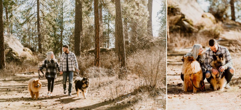 Couple walking in the woods with their dogs.