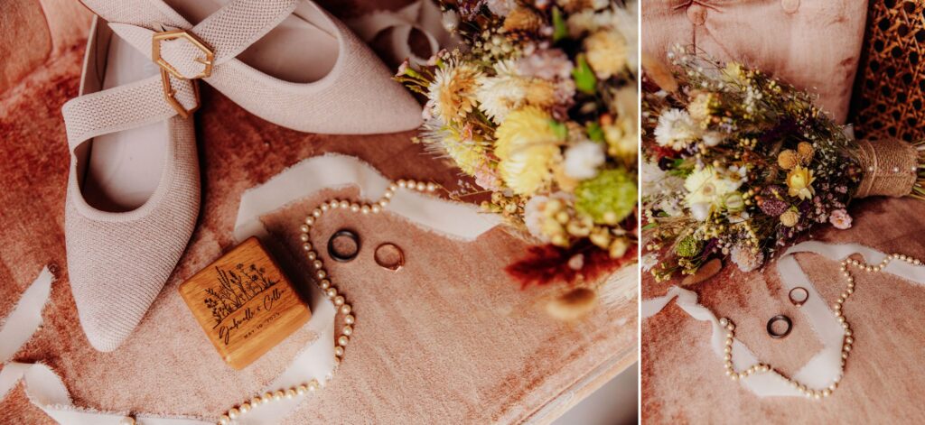 Wedding day details laid out in a soft pink velvet chair. 