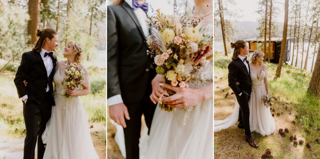 dried wedding flowers and couple enjoying the outdoors 