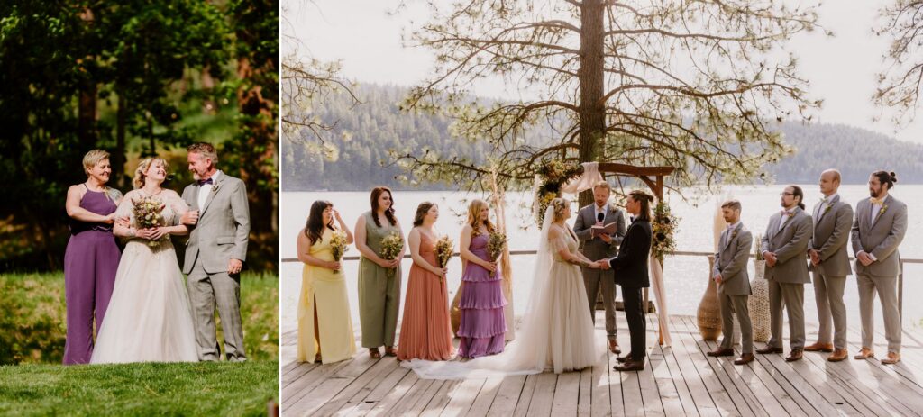 Outdoor spring wedding ceremony by the water near Spokane
