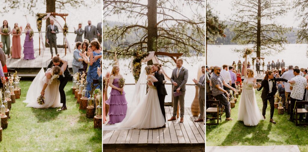 couple celebrates as they walk back down the aisle after saying "i do" 