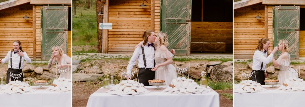 Bride and groom share their first bite of pie together 