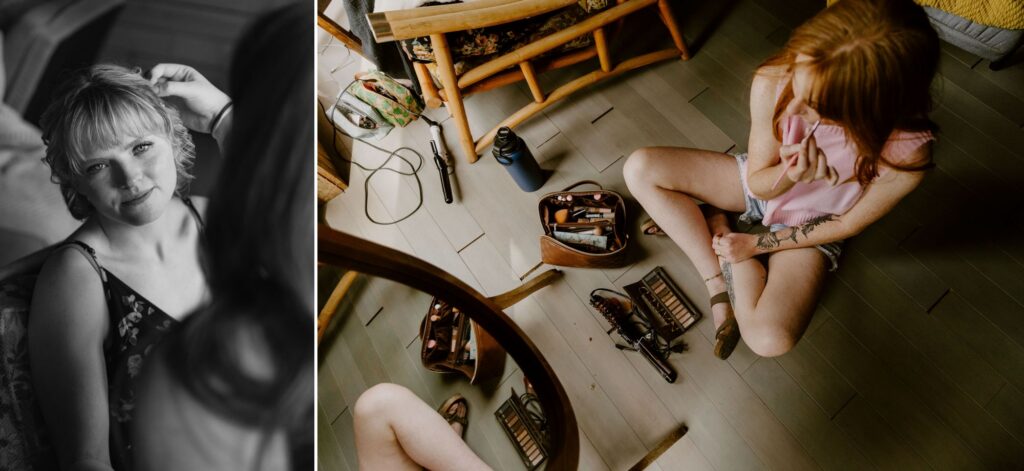 The bride and bridesmaids getting ready in the morning at Zephyr lodge. 